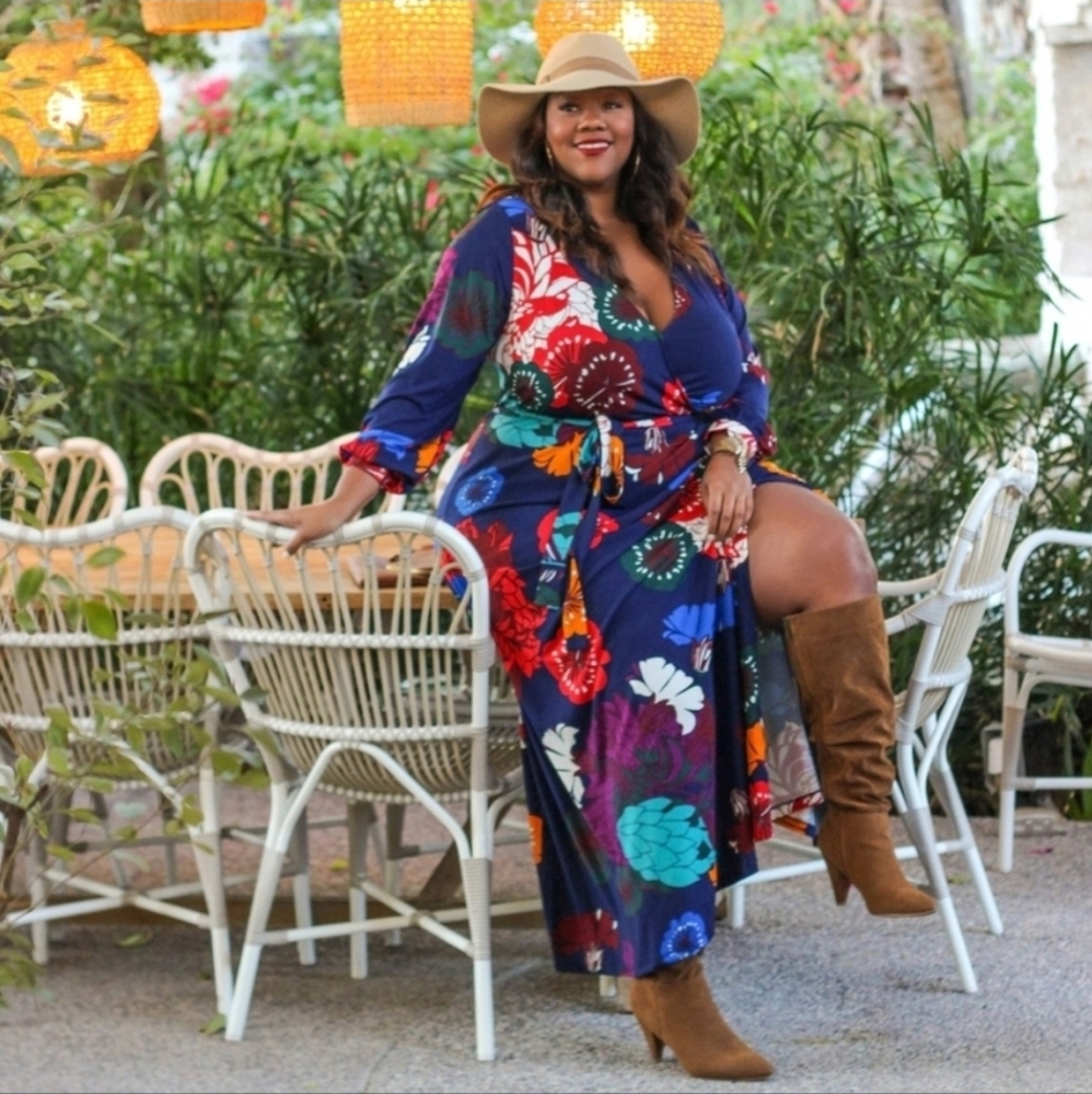 ELOQUII - Faux Wrap Havana Floral Maxi Dress With Side Slit - Plus Size 18 - Picture 14 of 16